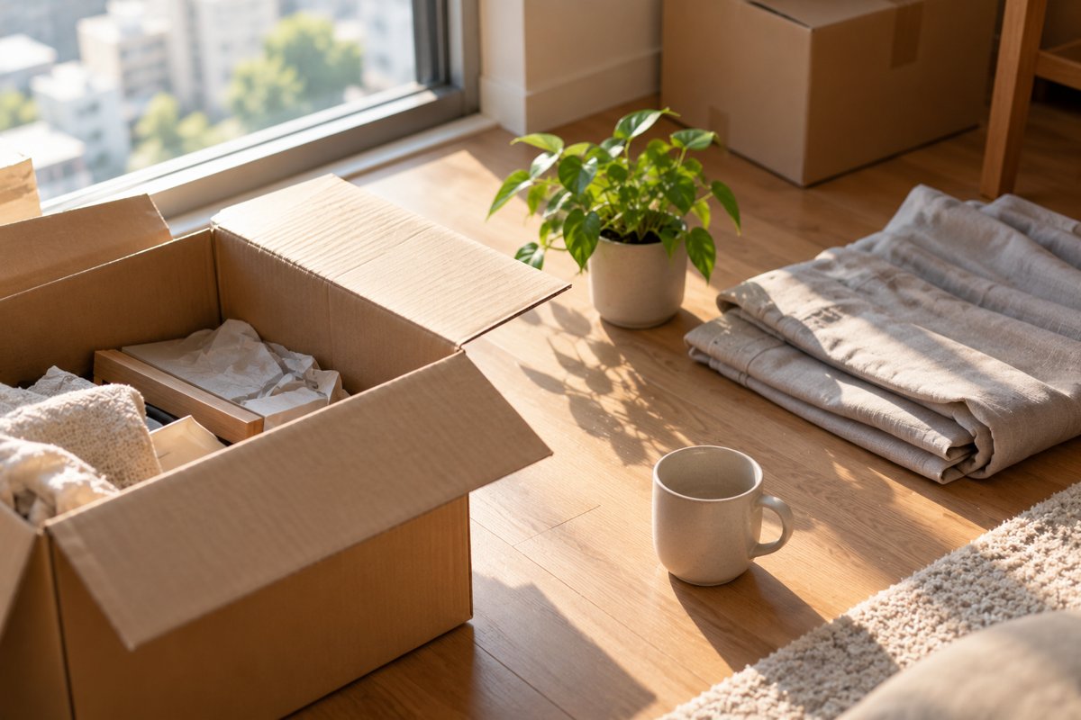 新しい部屋の床に置かれた段ボールと観葉植物