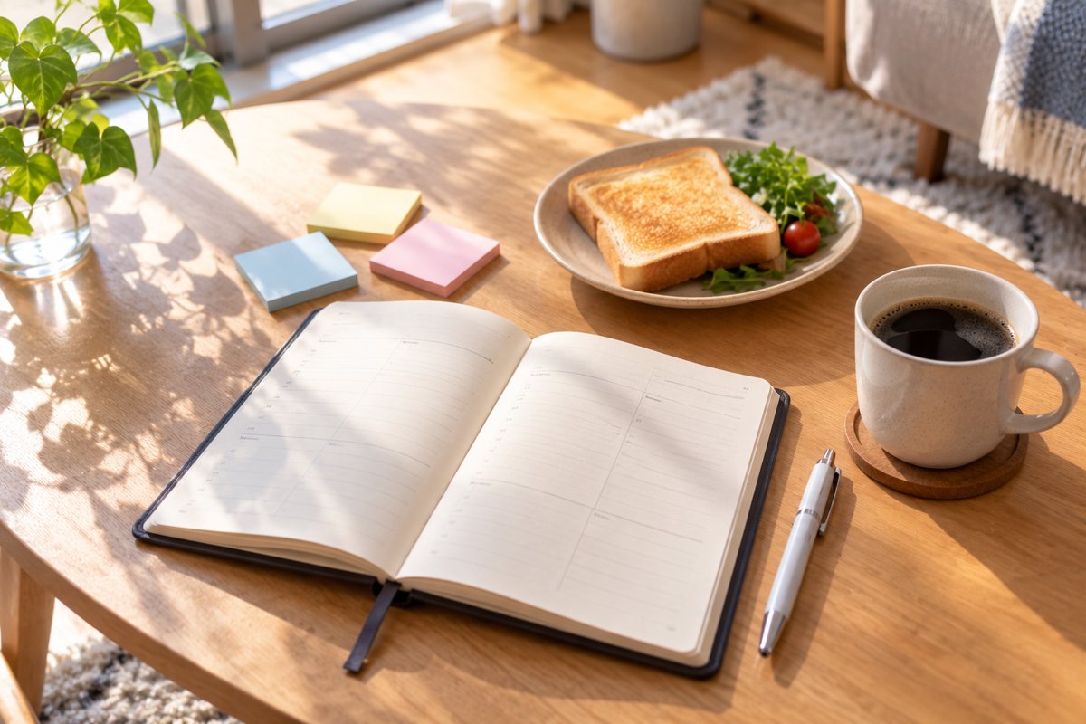 休日の朝のテーブルに開いた手帳とトーストとコーヒー