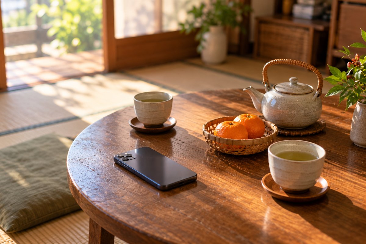 実家のちゃぶ台に置かれた湯のみとみかんとスマホ