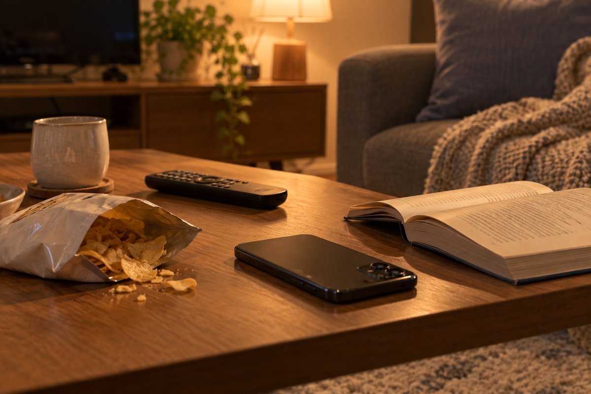 夜のローテーブルに置いたスマホとリモコン、お菓子の袋、読みかけの本