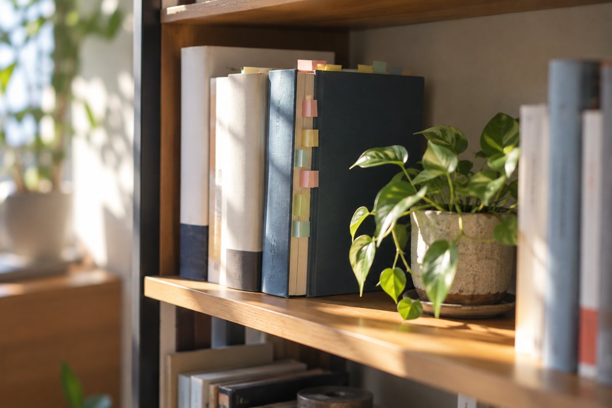 付箋を貼った参考書と小さな観葉植物が並ぶ本棚