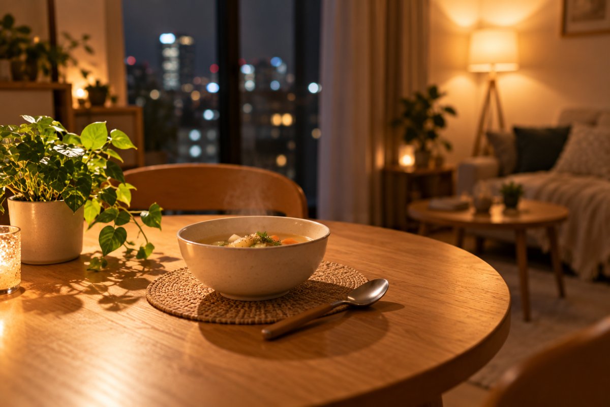 夜の一人暮らしの部屋の食卓に置かれた湯気の立つスープ