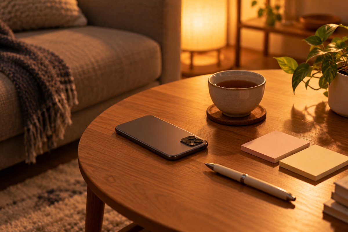 夜のローテーブルに伏せたスマホとふせん、ペンとお茶