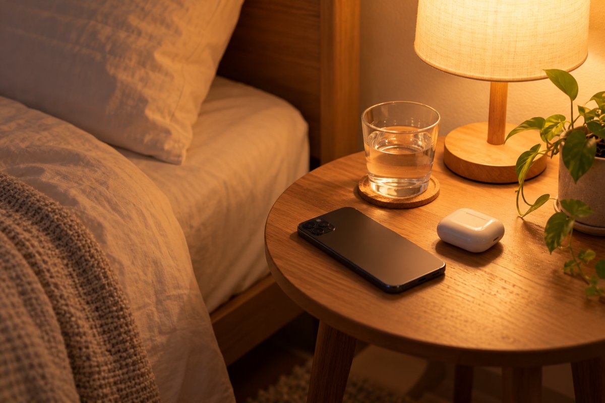夜のベッド脇のサイドテーブルに置かれたスマホとグラス